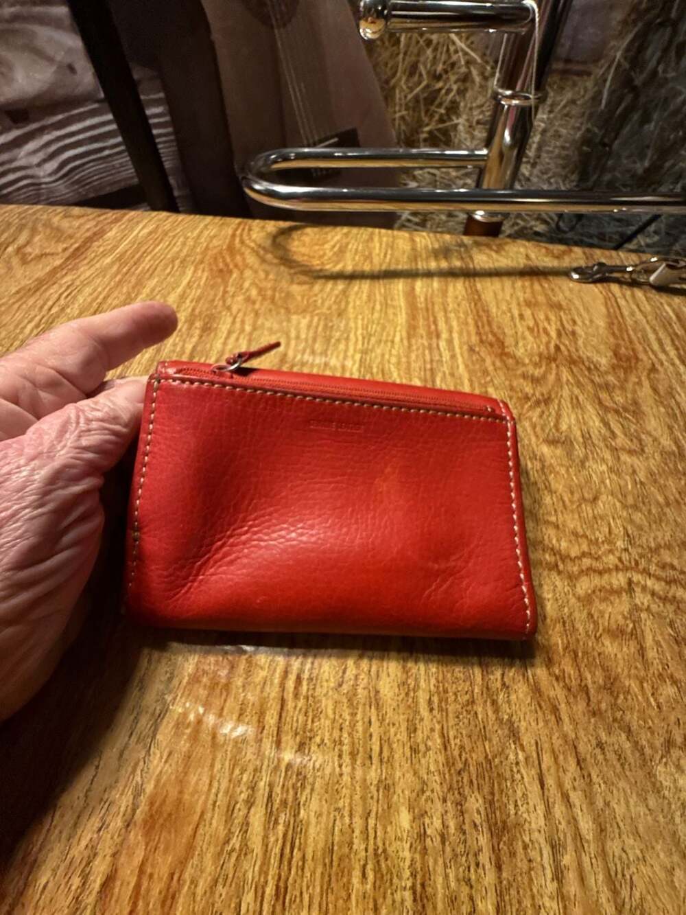 Genuine Leather Red Trifold Wallet with External Zip Pocket - Picture 2 of 3